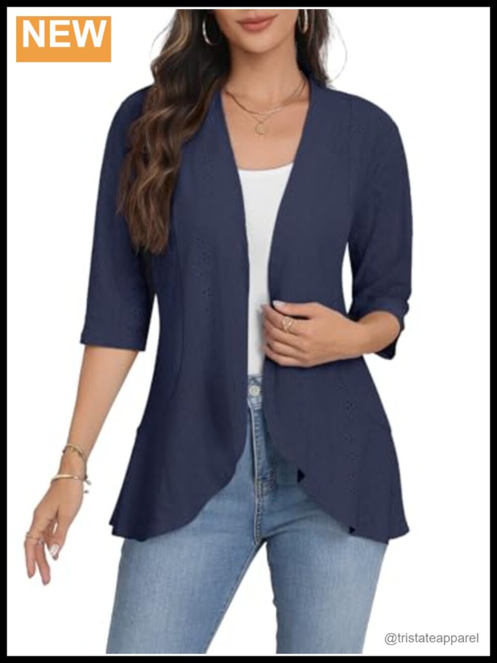 Women's Open Front Cardigan 3/4 Sleeve Lightweight Netted Knit Ruffled Kimono